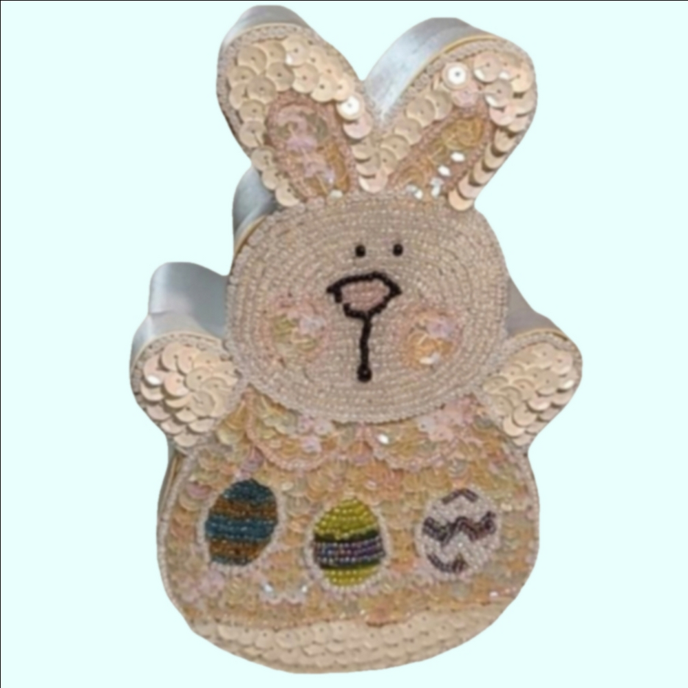 Vintage ornamental Easter Bunny box. Sequins and beads.  7x5"
